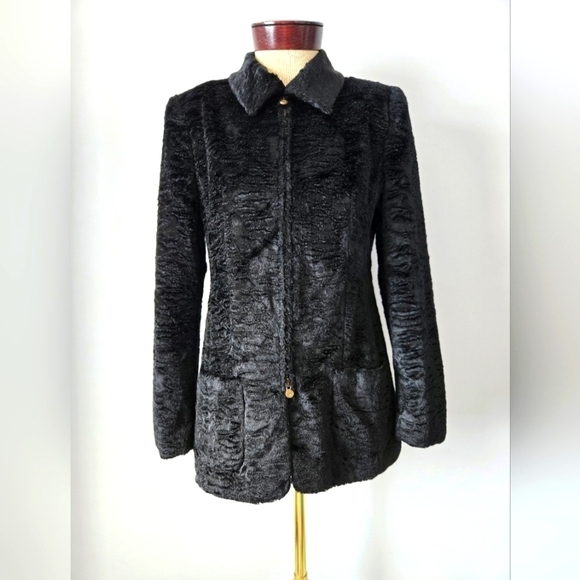 LOUIS FERAUD Paris Designer Black Faux/ Crushed Velvet Fur Jacket. Size 8 - Picture 1 of 16